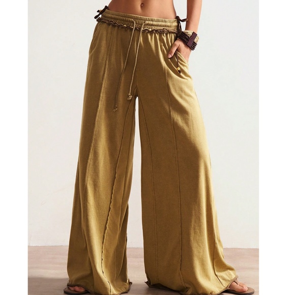 Plus Solid Mustard Stretchy Waist Wide leg Lounge Pants - Picture 3 of 5